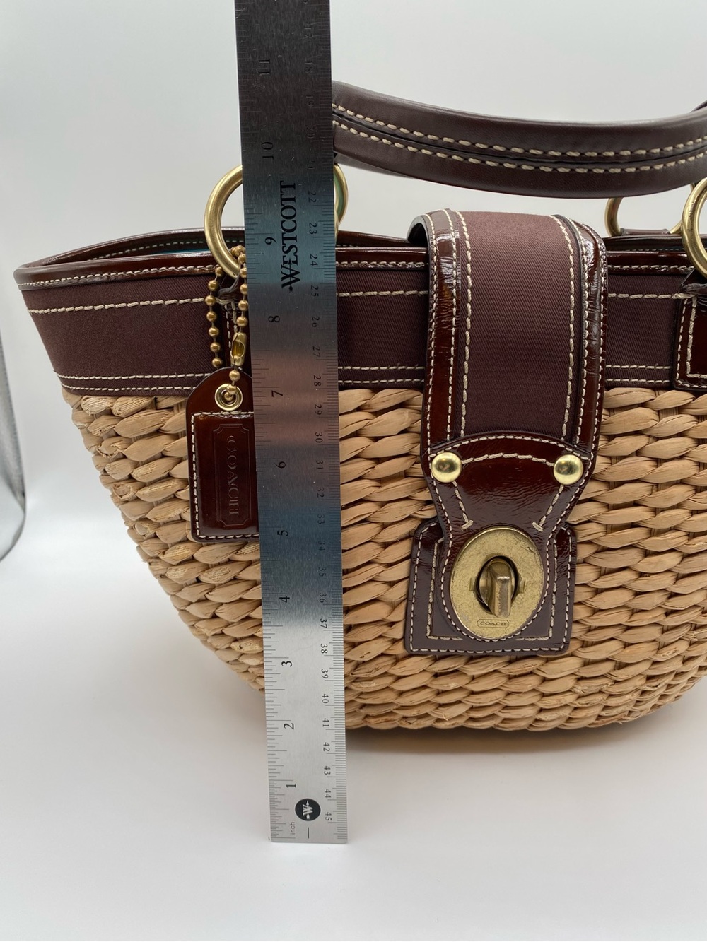 Coach Tan Woven Straw Tote with Dark Brown Leather Trim - Picture 9 of 16